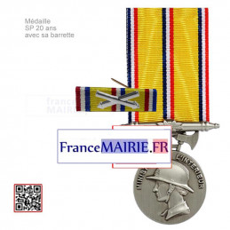 Médaille Sapeurs-pompiers argent 20 ans d'ancienneté avec sa barrette