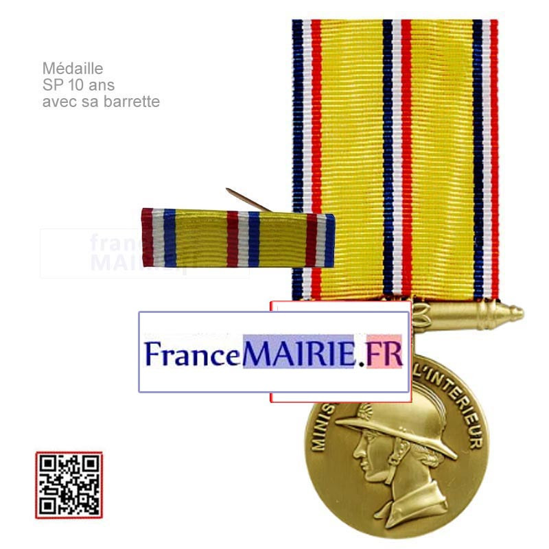 Médaille Sapeurs-pompiers bronze 10 ans d'ancienneté avec sa barrette